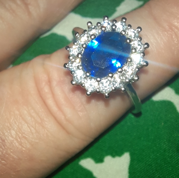 Silver Large Blue Oval Clear Stone Cocktail Ring - Picture 6 of 14